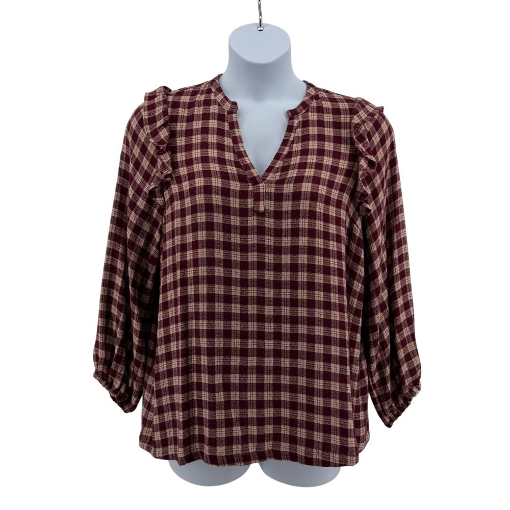 Marine Layer Plaid Blouse Women XL Peasant Burgundy Pink Ruffle Sleeve Boho